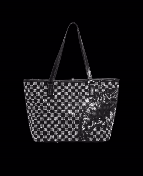 Front view of designer tote bag with crystal embellishments and bold print