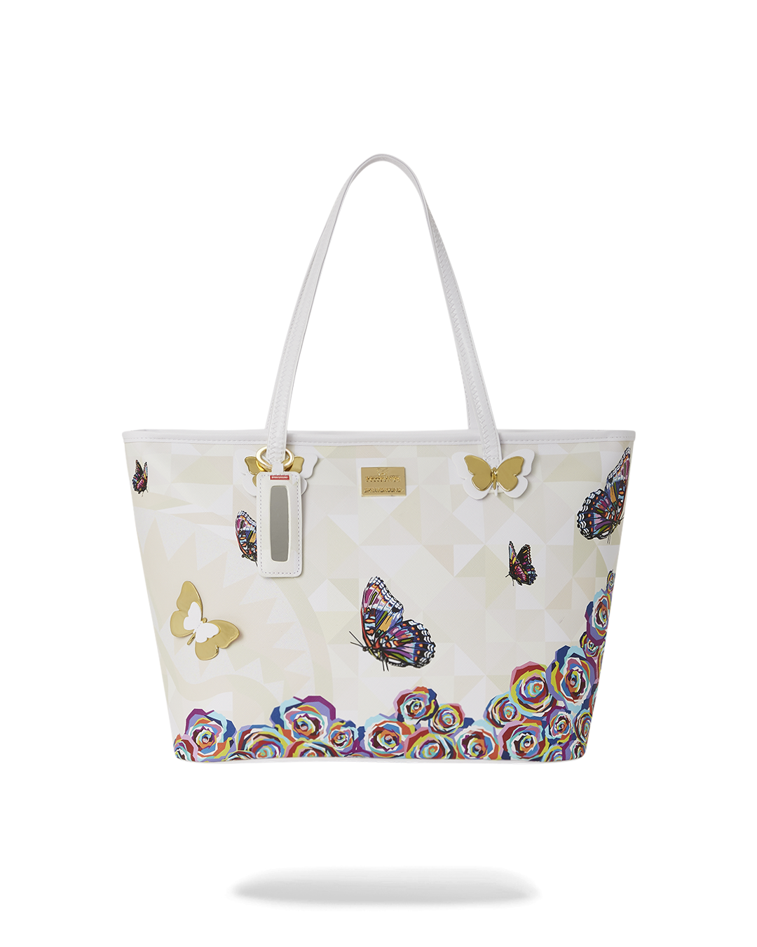 Close-up of the colorful butterfly printed tote bag showing the water-resistant fabric