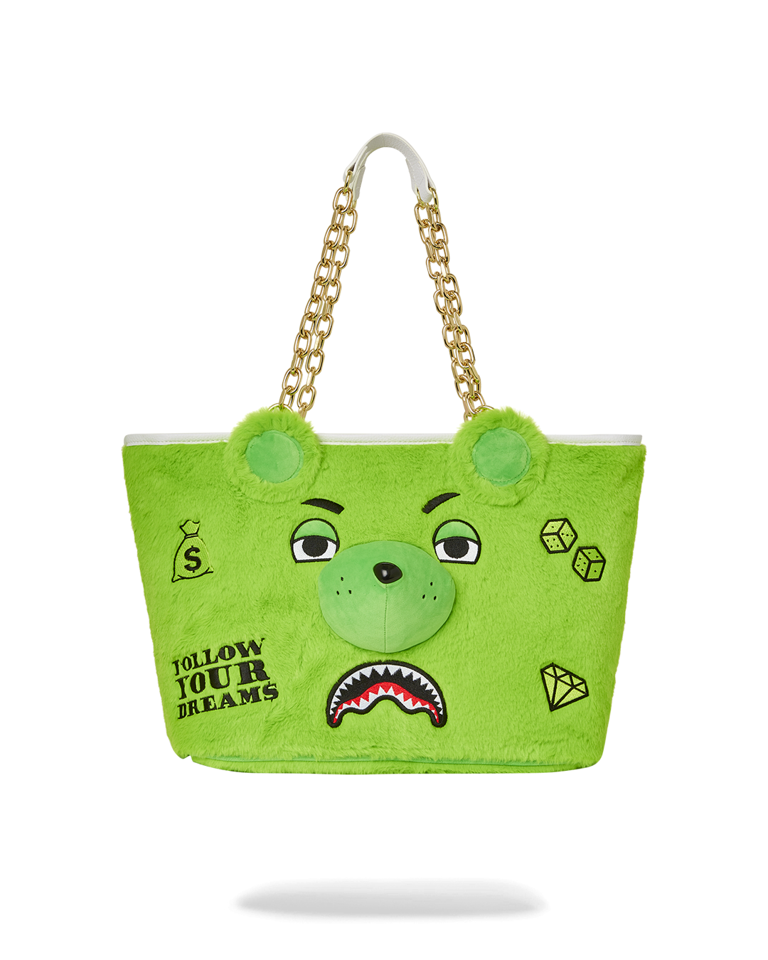 Sprayground Plush MoneyBear Tote Bag - front view with 3D plush nose and ears