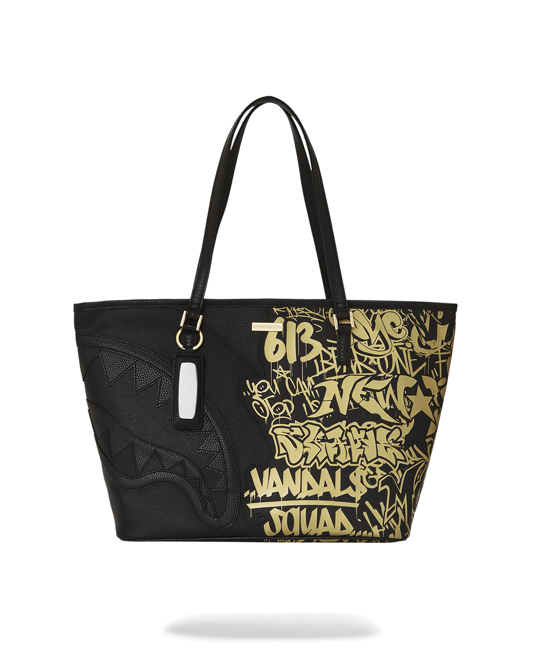 GlidePrint Designer Tote Bag front view, highlighting its metallic printing and faux leather material
