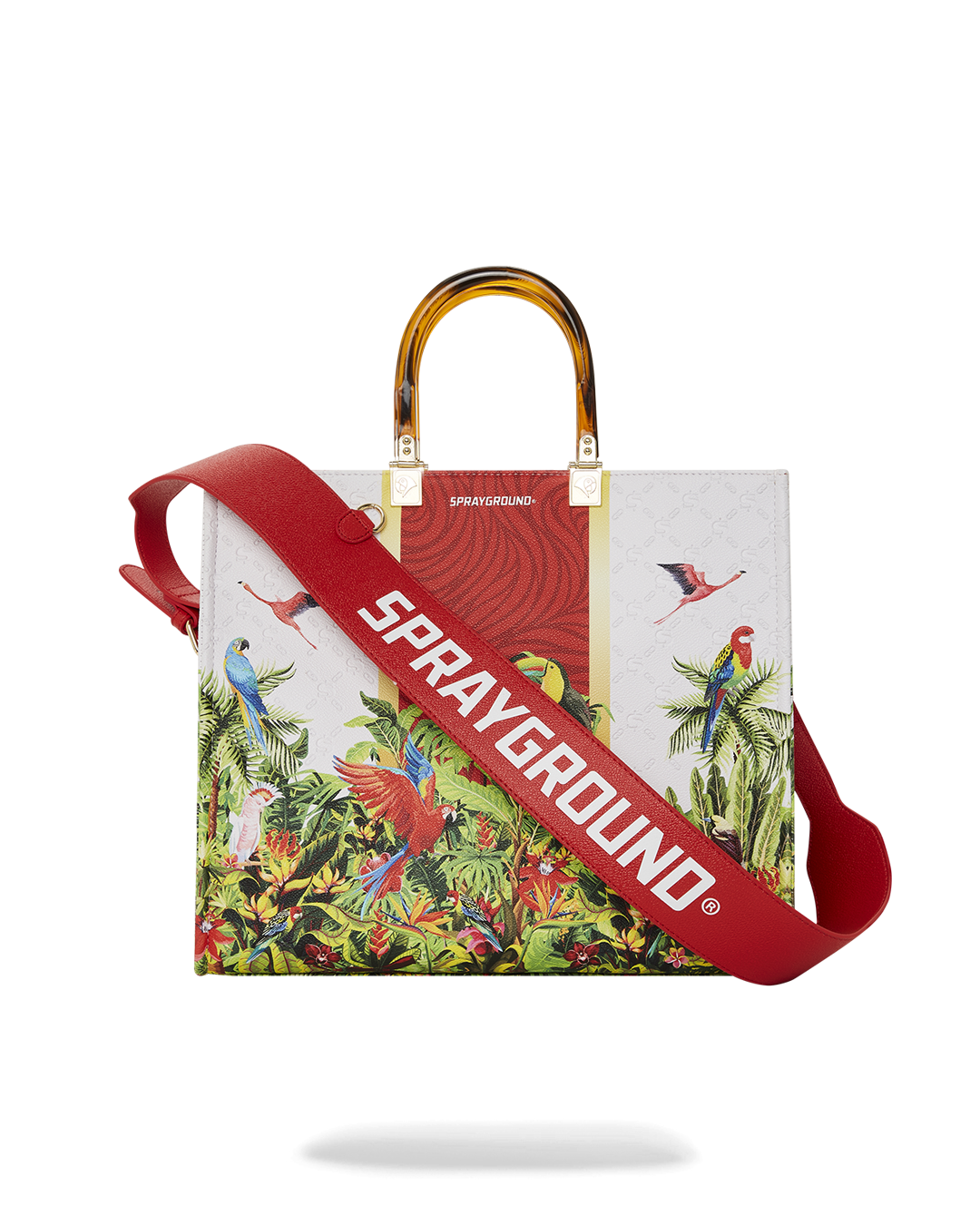 Front view of the Flawless Flight Tortuga Tote with faux tortoise handle and water-resistant fabric