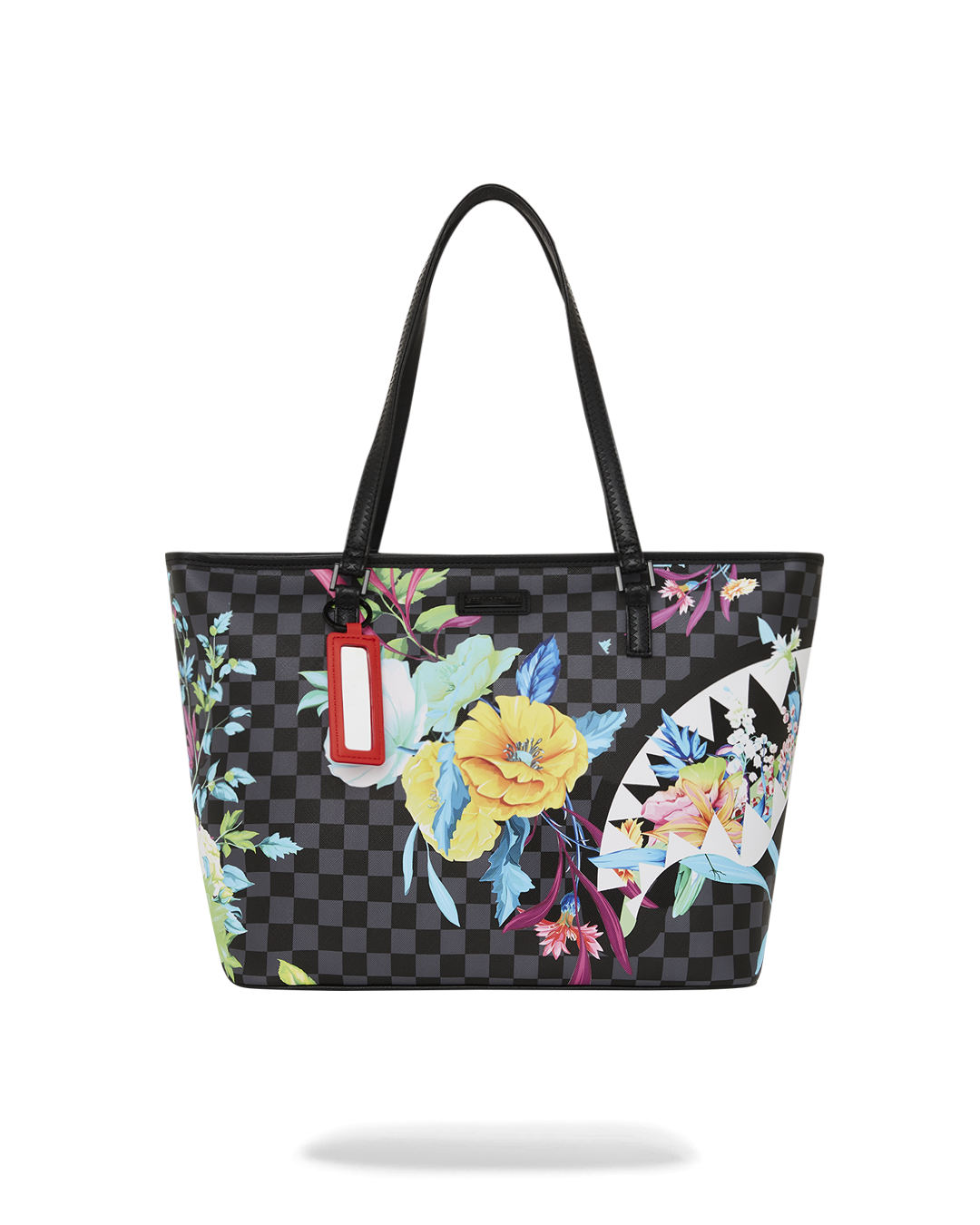 Front view of the leopard print faux leather tote bag with top handles