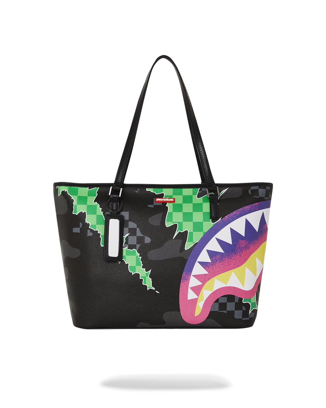 Front view of designer tote with printed artwork and zipper closure