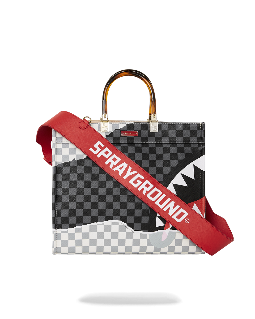 Side view of the Sprayground Tortuga Tote with adjustable strap and faux leather finish