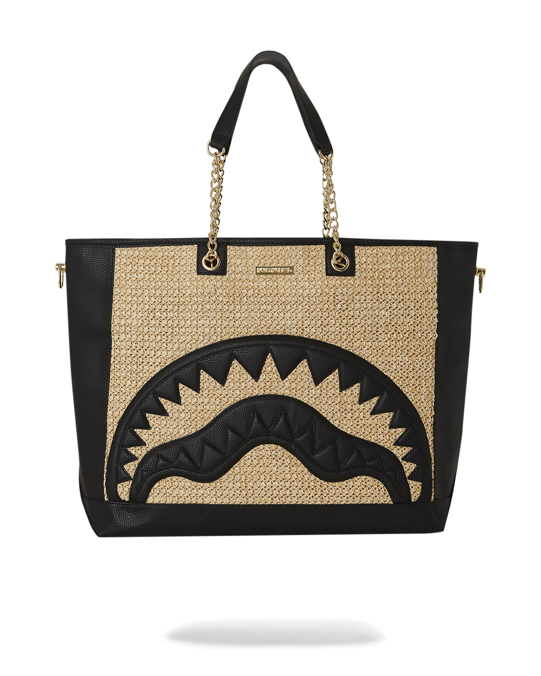 Raffia Palm Tote Bag with cut & sewn shark mouth details and shiny gold hardware