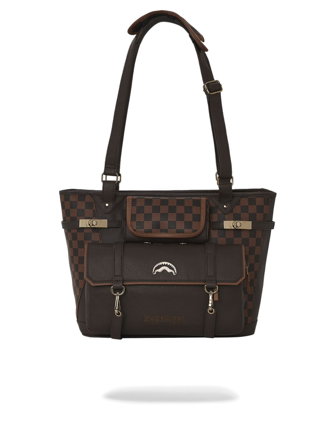 Front view of chic faux leather tote bag with stylish design