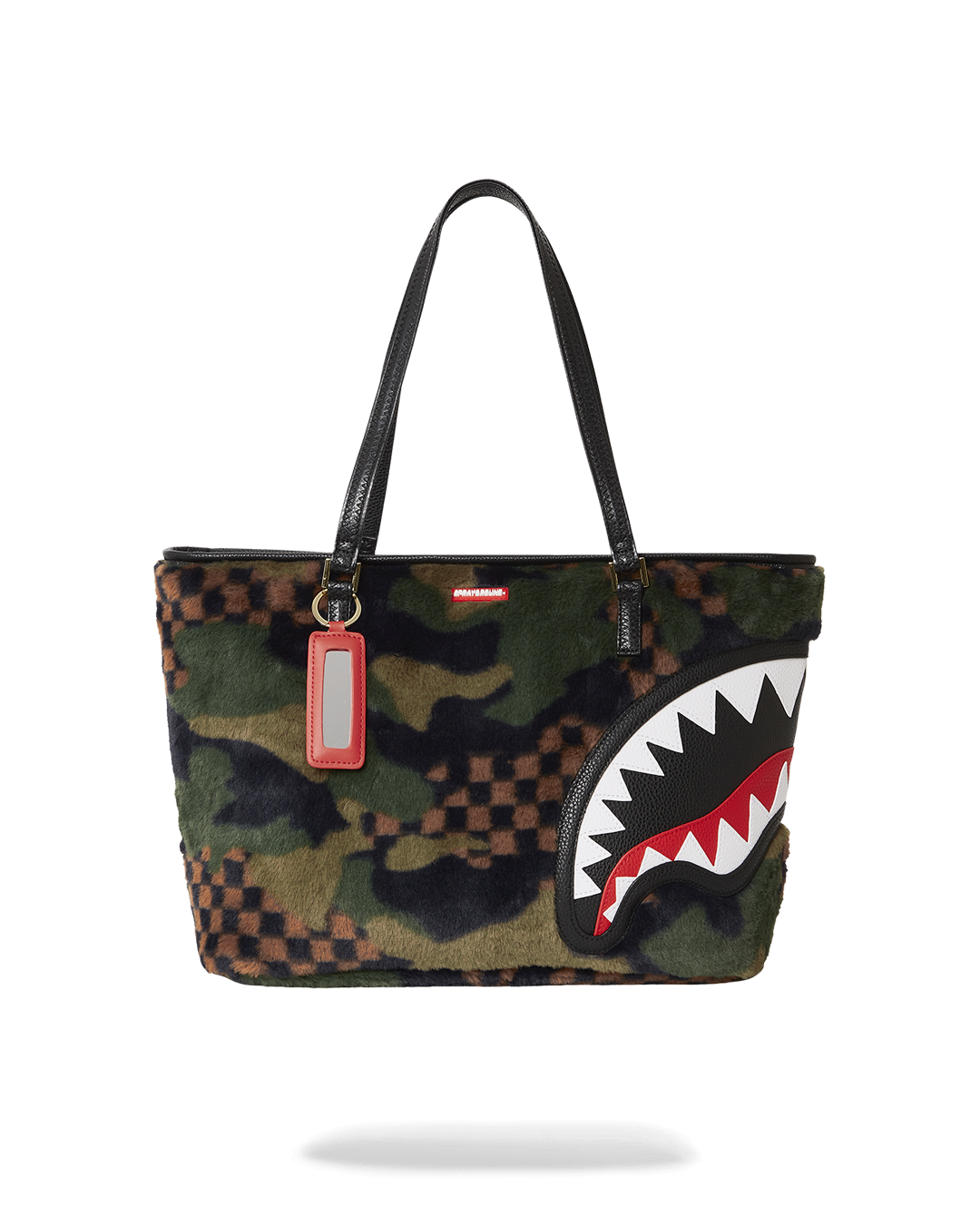Side view of faux fur shoulder bag with urban camo pattern and zip-top opening