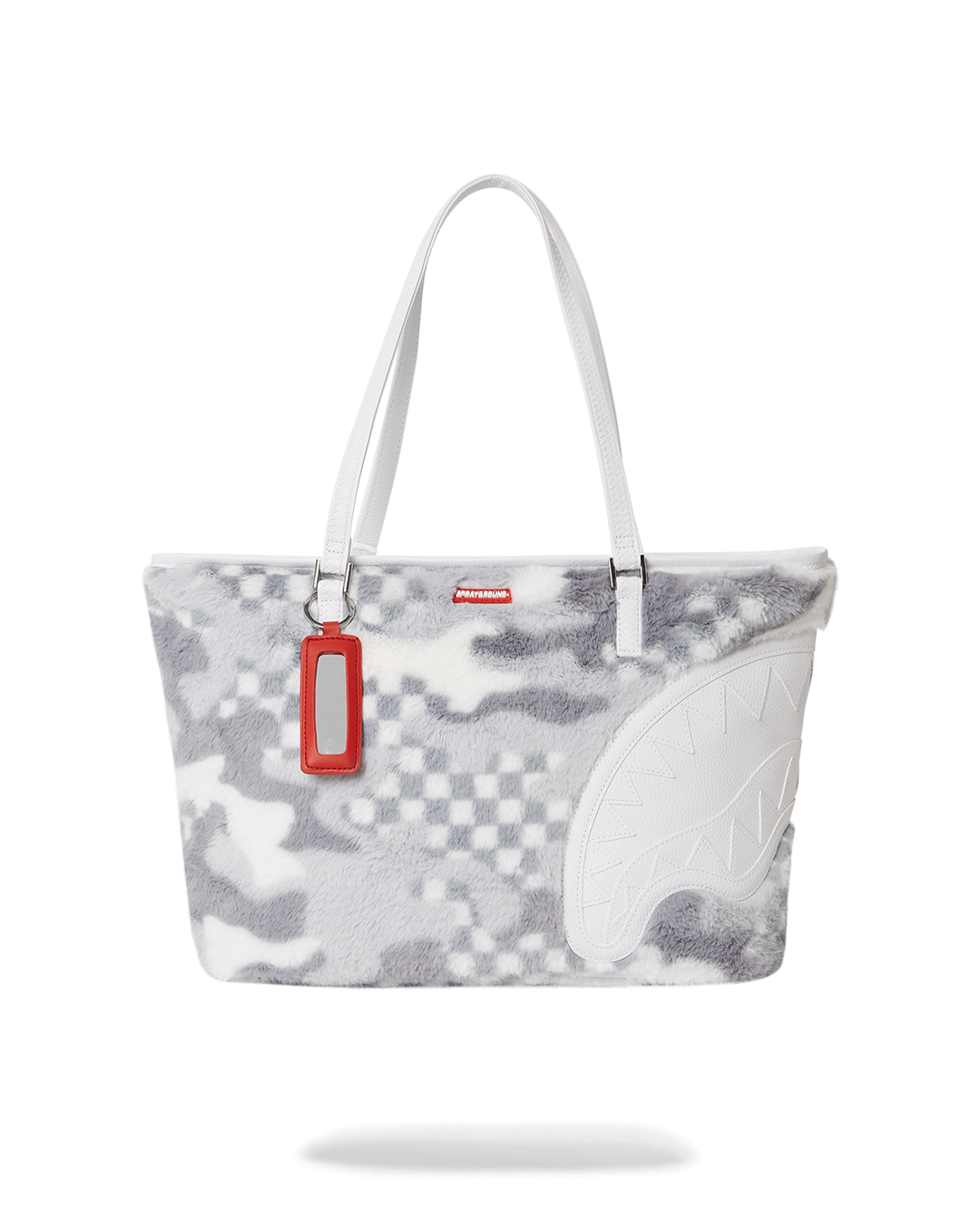 Close-up of the 3AM Luxe Camo Print Designer Tote Bag showcasing the faux fur texture.
