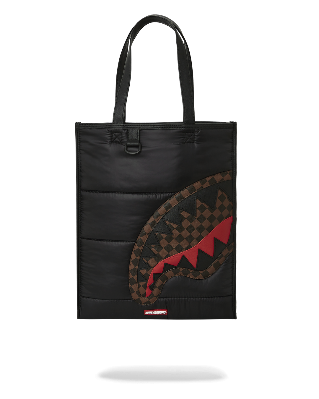 Close-up of PUFFER SHARK quilted tote with black finish and metal hardware