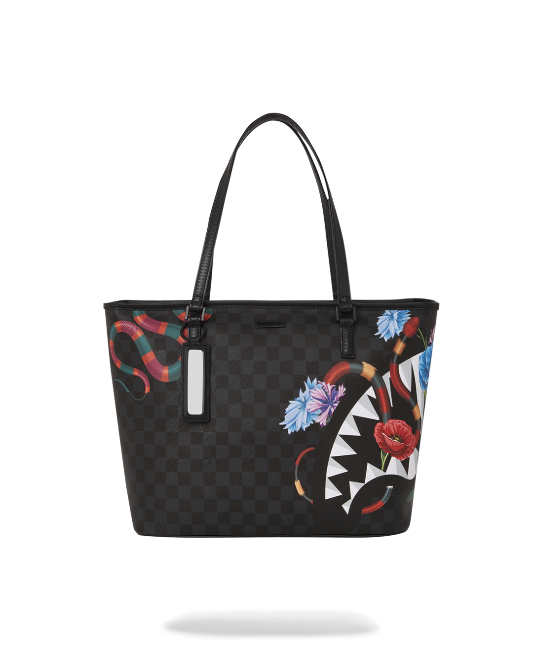 Side view of the Sprayground tote bag showing its spacious interior and zipper closure