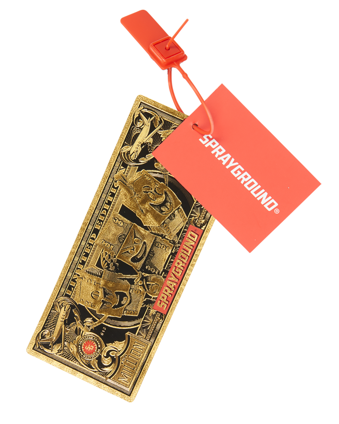 Close-up of the Sprayground Authentic metal badge on the Deshaun Watson NFL backpack