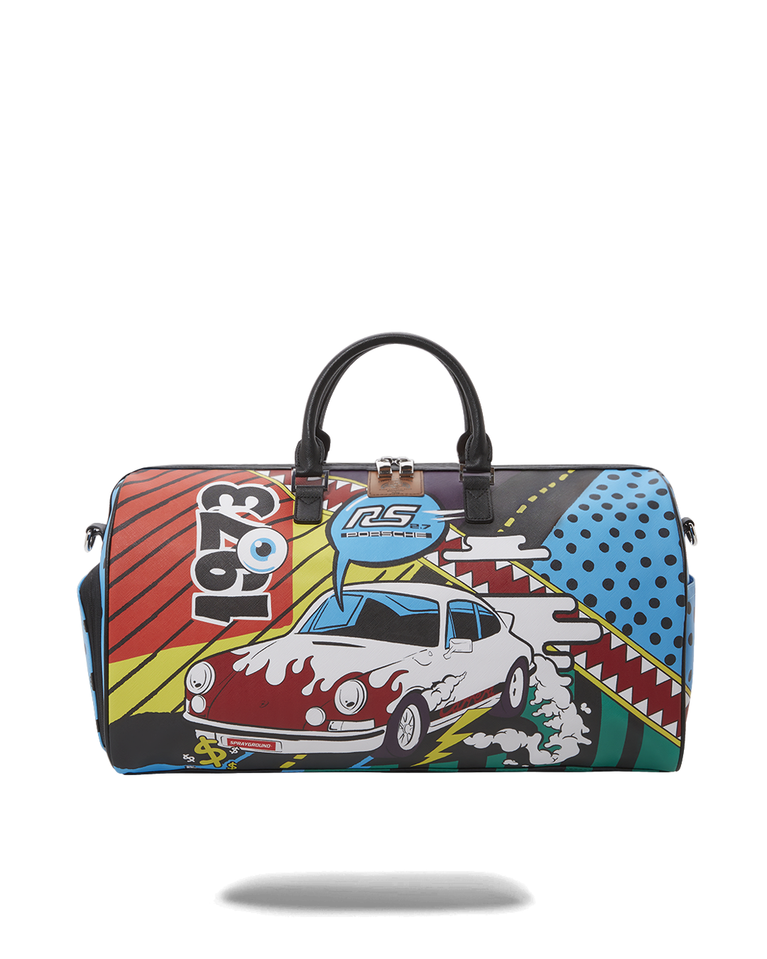 Porsche 1972 duffle bag in wheels, showcasing vibrant comic print and side compartments.
