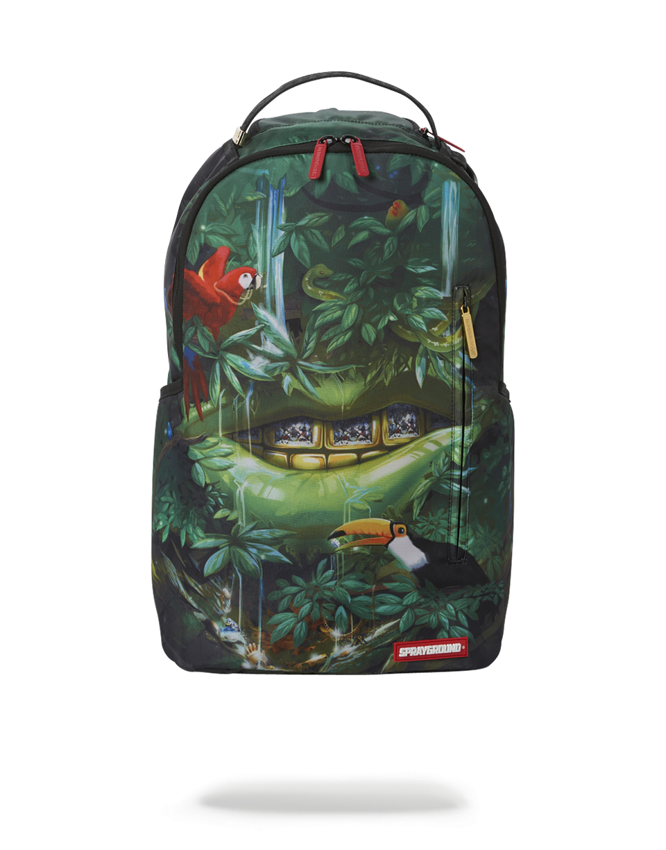 Front-facing view of laptop backpack for women with red and gold accents on city sidewalk.