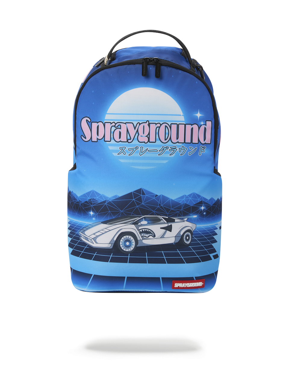 Side view of pink Sprayground backpack showing laptop compartment and side pockets
