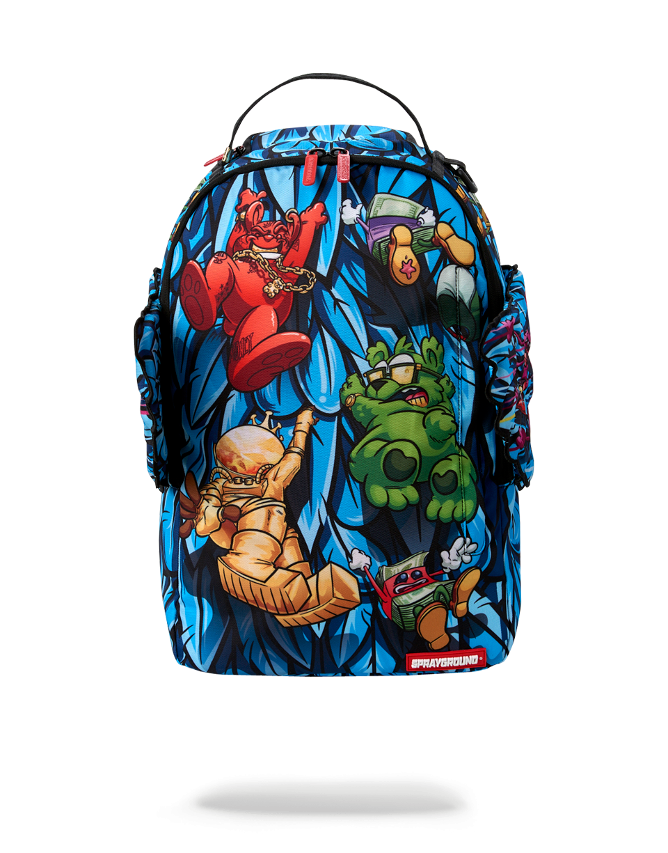 Front view of the Hang In There Backpack with water-resistant fabric and metal accents