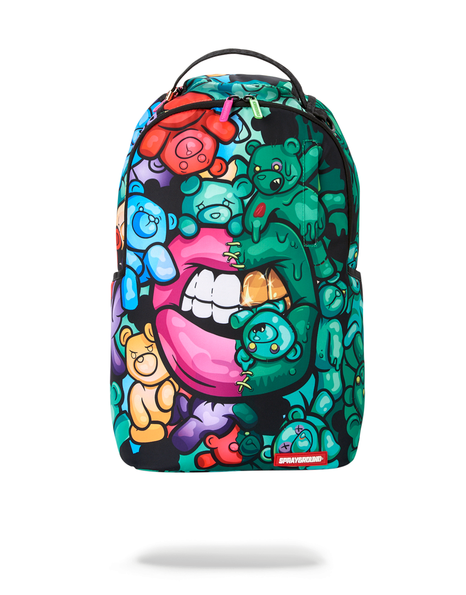 Front view of the limited edition Zombie Gummy Bear backpack showing vibrant colors and design.