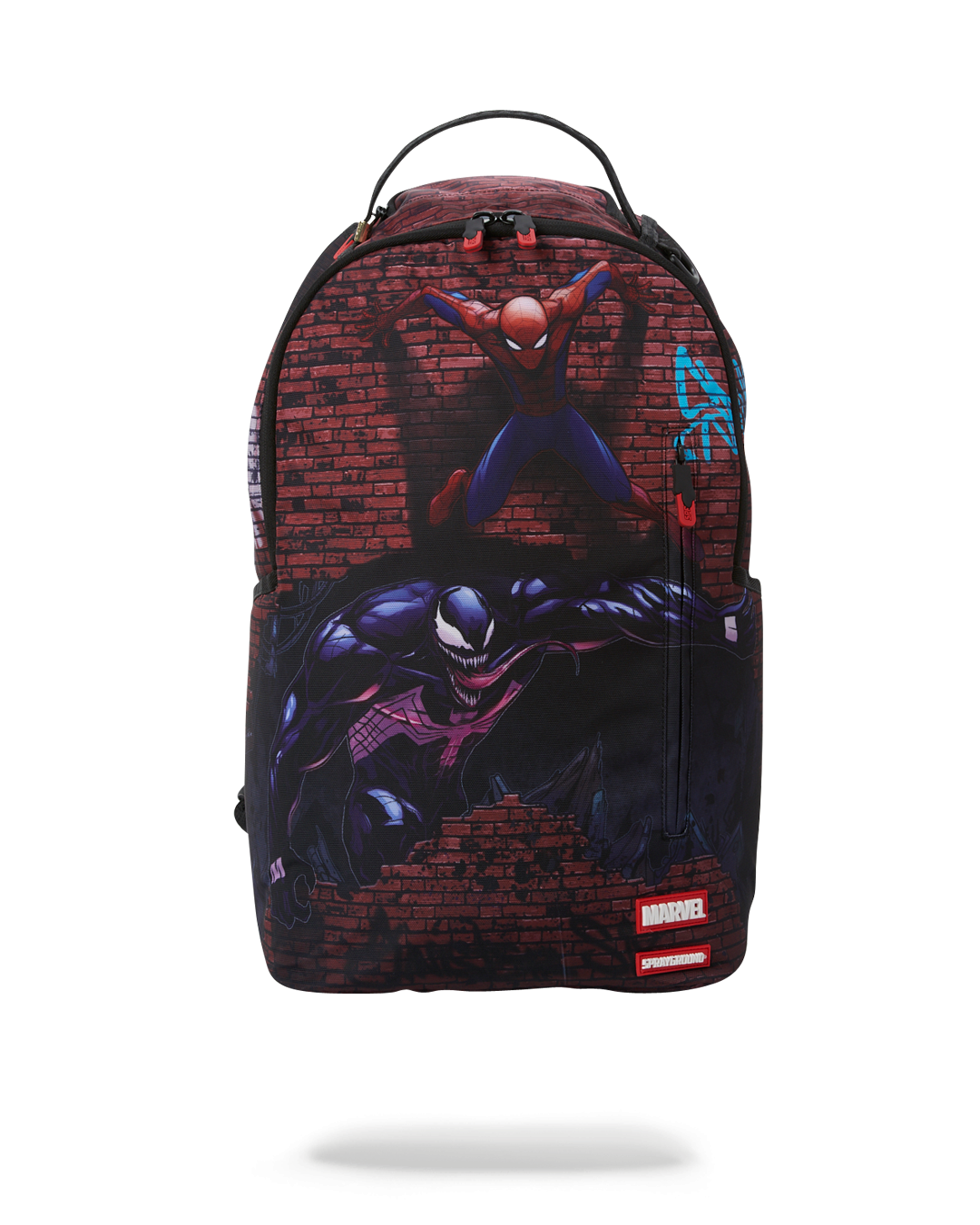 Front view of backpack with multiple zip compartments, photographed in urban setting.