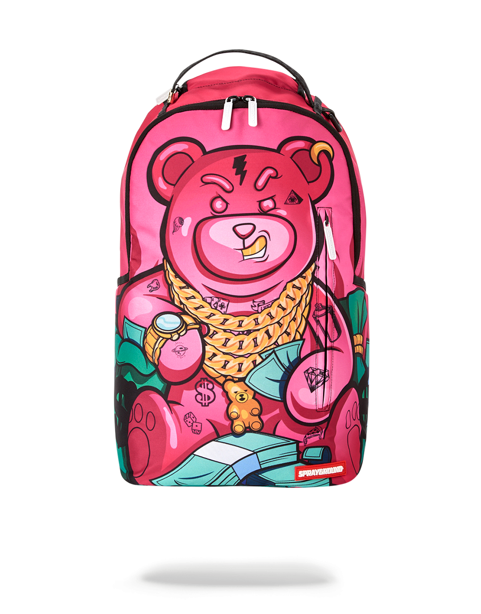 Lil' Sassy laptop backpack with front zipper pocket and side pockets.