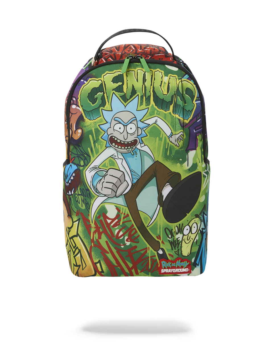Side view of Sprayground Rick and Morty backpack with luggage strap exposed