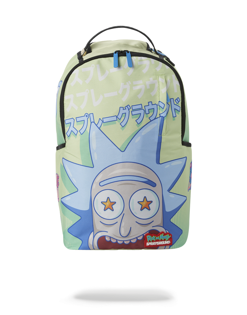 Front view of Sprayground Rick and Morty backpack with zippered pockets and bold graphics
