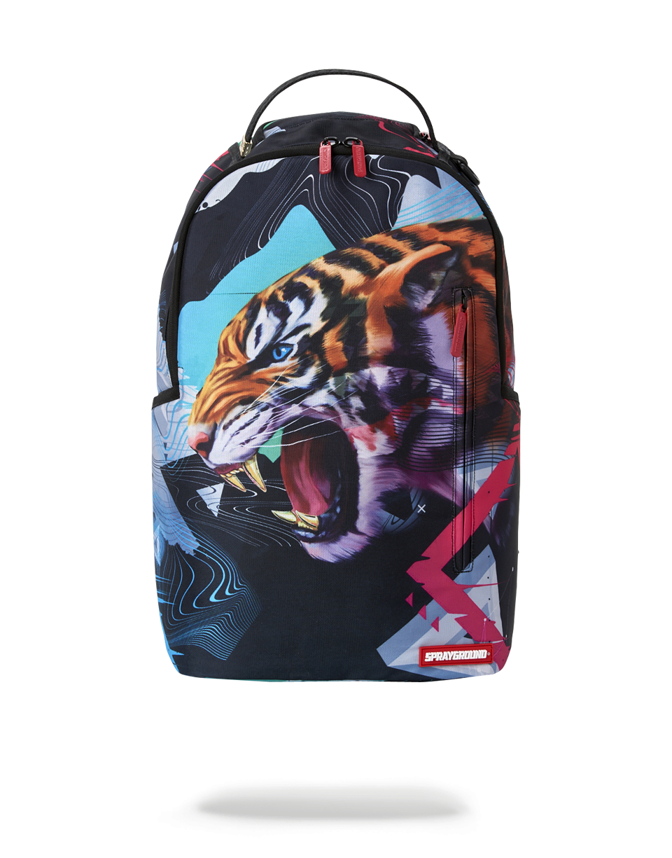 Front view of ergonomic backpack with red zippers and metal badge