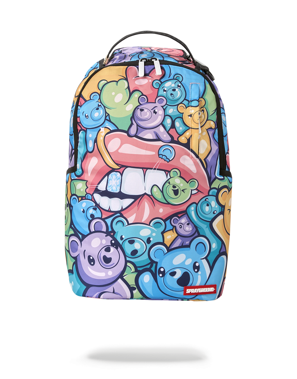 Front-facing fashion backpack with lip graphic and organized compartments