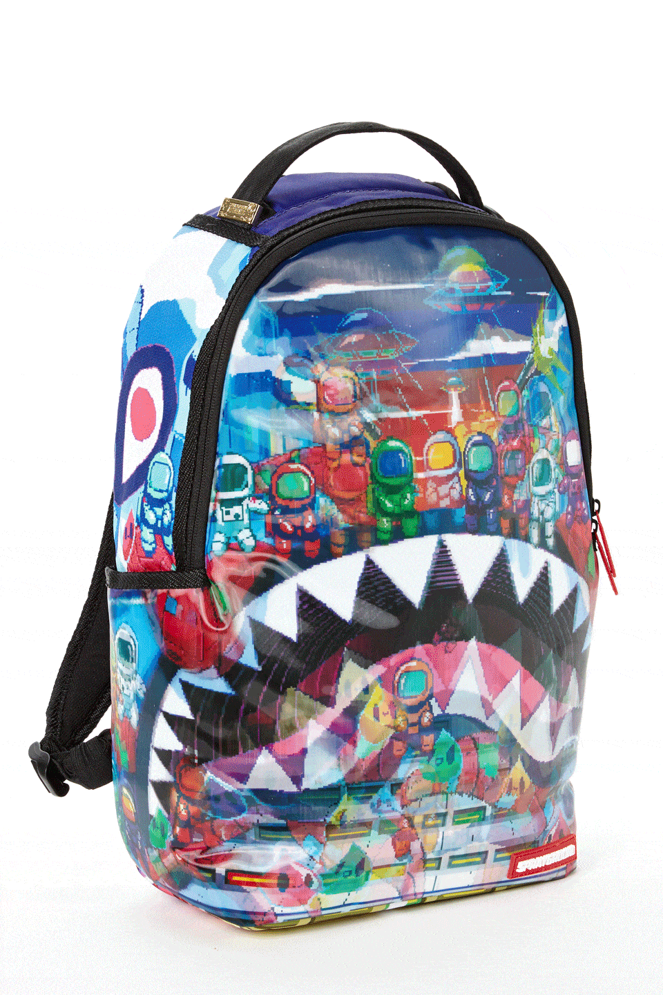 Vegan leather laptop backpack with astro sharks design, front view