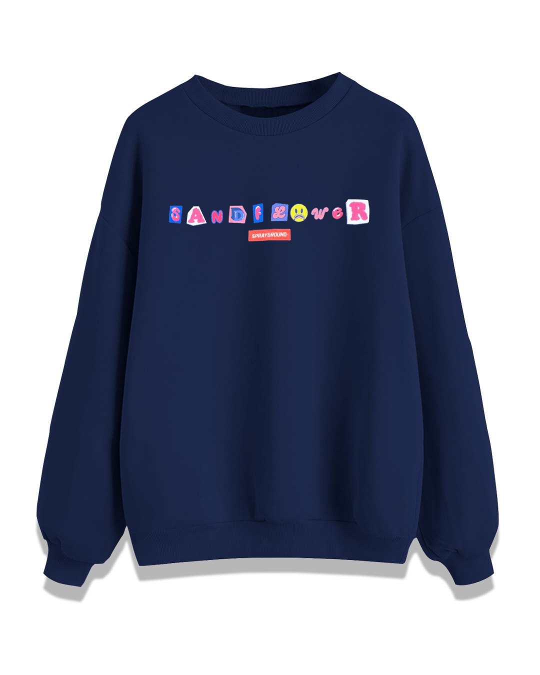 Close-up of Sandflower's artistic logo on a black crewneck sweatshirt